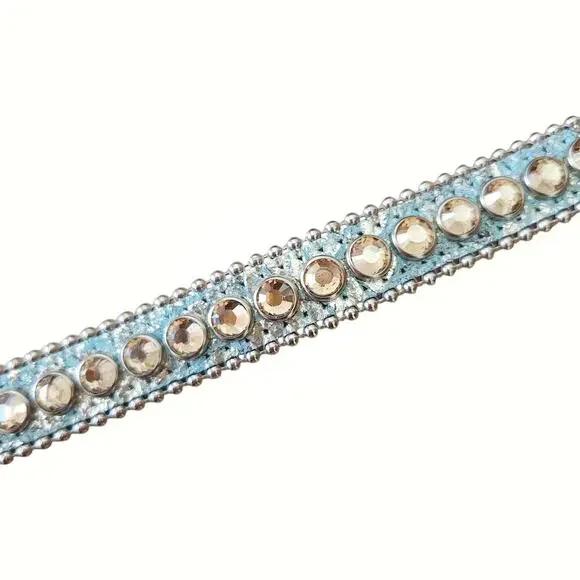 B.B. SIMON Alegra leather skinny Swarovski Crystal skinny belt blue metallic L - Picture 4 of 7